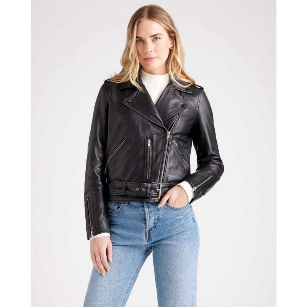 Quince Womens Black 100% Sheep Leather Moto Jacket Biker Motorcycle Size Medium